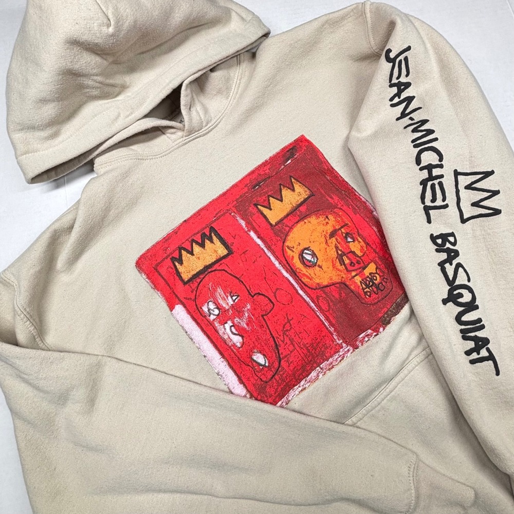 Jean-Michel Basquiat Graphic Hoodie Beige Sand Art Print Mens Medium‎ Sweatshirt